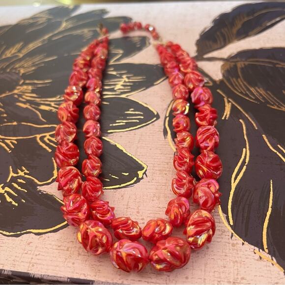 Vintage West Germany Lucite Pink Roses and Aurora Borealis Bead Necklace B3 - Picture 6 of 10